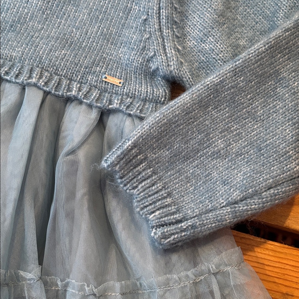 New! MAYORAL 18M Blue Knit and Tulle Dress Waved Collar - Picture 3 of 8